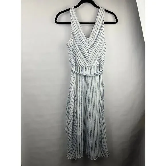 DKNY Wrap Dress, Blue White Chain Stripe, Sleeveless, Belted Asymmetrical Hem - Picture 8 of 13